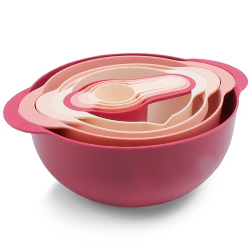 COOK WITH COLOR 8 Piece Nesting Bowls with Measuring Cups Colander and Sifter Set - Includes 2 Mixing Bowls, 1 Colander, 1 Sifter and 4 Measuring Cups, Rose - Rose - 8 Pc Bowl