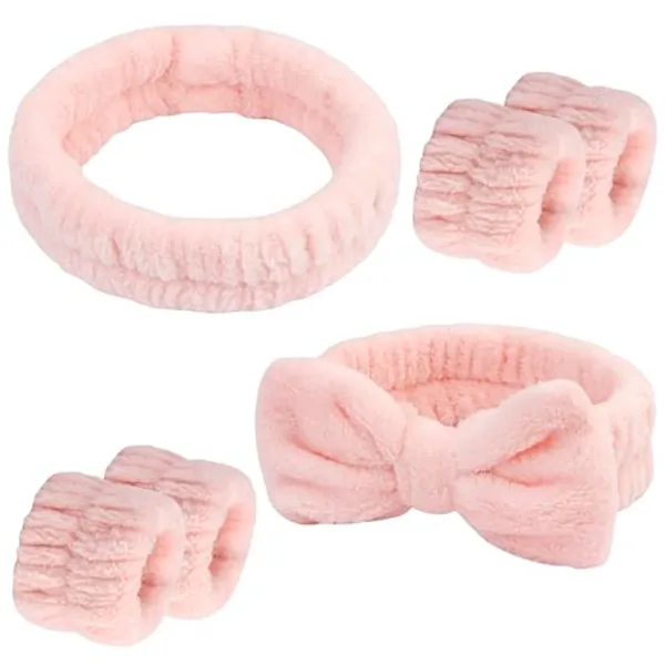VELSCRUN 6 Pack Spa Headband, Makeup Headband, Face Wash Headband, Skincare Headbands, Pink Hair Band Bow Tie Spa Headband for Washing Face Wristband Set Hair Accessories for Women Girls Gifts