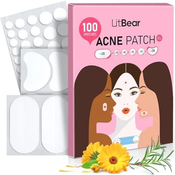 LitBear Large Acne Pimple Patches, 6 Sizes 100 Patches for Large Breakouts, Acne Patches for Face, Chin or Body, Acne Spot Treatment with Tea Tree & Calendula Oil, Hydrocolloid Bandages for Acne Skin