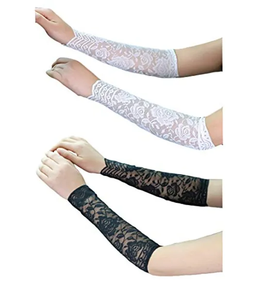 Tovip 2Pairs 30CM Women Girls Summer UV Protection Arm Sleeves Sexy Crochet Floral Lace Warmers Jacquard Scar Cover Long Fingerless Driving Gloves