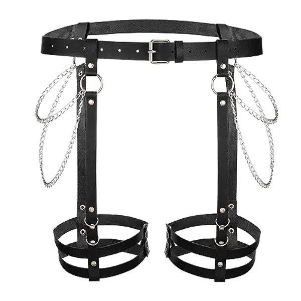 Asooll Punk Leather Waist Leg Body Belt Black Rave Thigh Chain Body Harness Belt Fashion Party Club Body Accessories for Women and Girls
