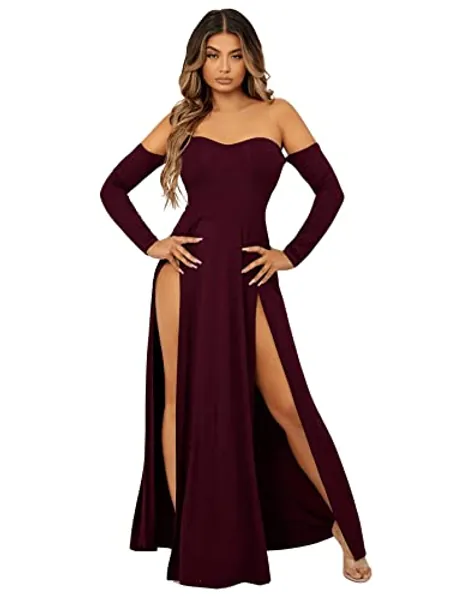 SweatyRocks Women's Elegant Off Shoulder Double High Slit Long Sleeve Dress A Line Maxi Dresses