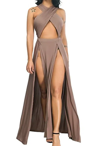 Velius Women Sexy Hollow Out Halter Wrap Sleeveless Plain Pleated Slit Casual Long Maxi Dress