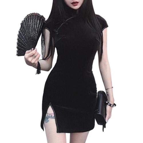 Women's Velvet Bodycon Cheongsam Mandarin Collar Slim Fit Mini Dress Modern Chinese Qipao - 107# Black Small