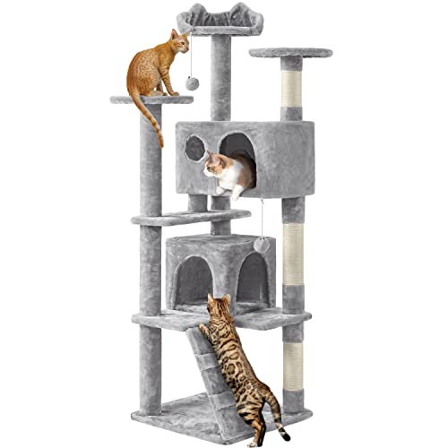 Yaheetech 61in Cat Tree Cat Tower for Indoor Cats, Cat Furniture w/Double Cat Condo, Scratching Posts, Multiple Platforms and Balls for Kittens & Cats, Light Gray - 61in - Light Gray