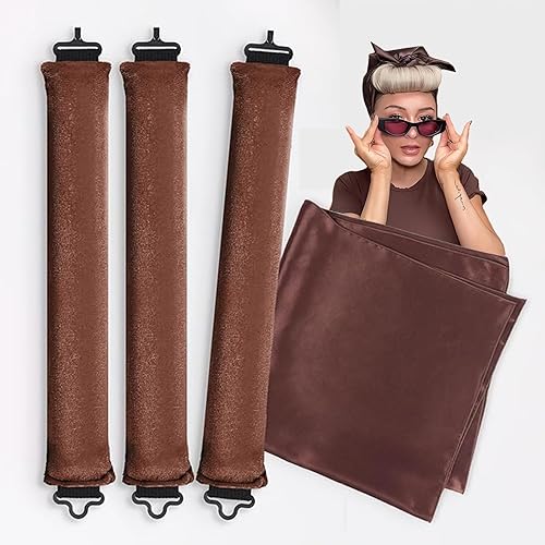 Heatless Blowout Rods,Large Heatless Hair Curler for Overnight Curls, 3pcs Flexible Blowout Rods with Satin Scarfs, Hair Curlers to Sleep In,Thick Curling Rod Curlers - 4PCS Brown