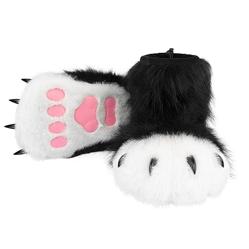 hbbhml Animal Fuzzy Slippers Bear Cat Wolf Dog Fox Fursuit Feet Paw Claw Shoes Furry Boots Costume Accessories for Adult Kids - One Size Women/One Size Men - Black White2
