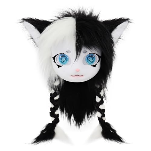 hbbhml Animal Cat Head Mask Fursuit Cute Plush Anime Masks for Halloween Masquerade Cosplay Costume Accessory - Blackwhite