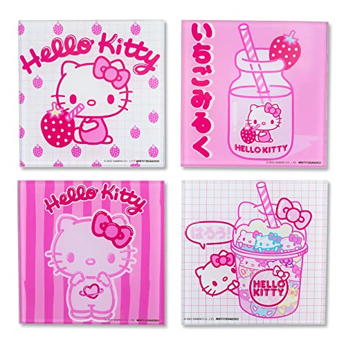 Sanrio Hello Kitty Strawberry Milk Glass Coasters for Drinks, Set of 4 | Tabletop Protection for Home Kitchen, Dining Room Table - Strawberry Milk