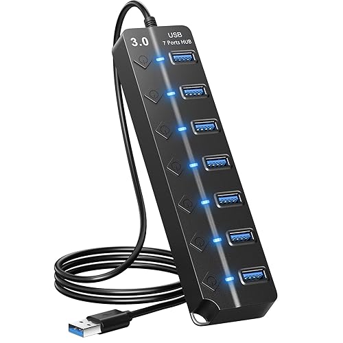 ONFINIO USB Hub 3.0, 7-Port USB Hub Splitter with Individual On/Off Switches and Lights, 3.2ft/1m Long Cable Compatible with MacBook, Laptop, Surface Pro, PS4, PC, Flash Drive, Mobile HDD - Black