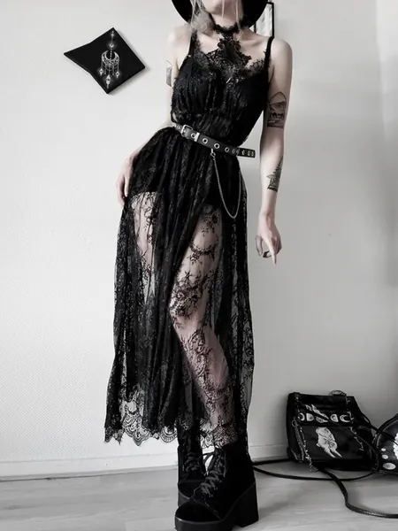 Gothic Lace High Waist Maxi Dress with Choker