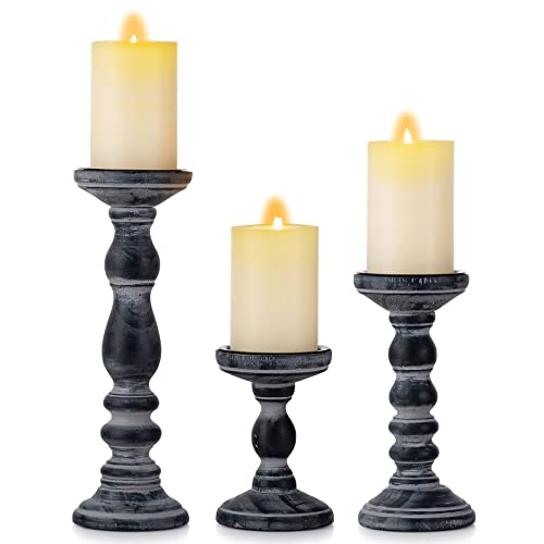 Candle Holder for Pillar Candles: Romadedi Set of 3 Decorative Wood Candlestick Holders, Rustic Wooden Candle Stand for Fireplace Mantle End Table Shelf in Farmhouse Style, Black 15/21/30cm - 15/21/30cm - Black