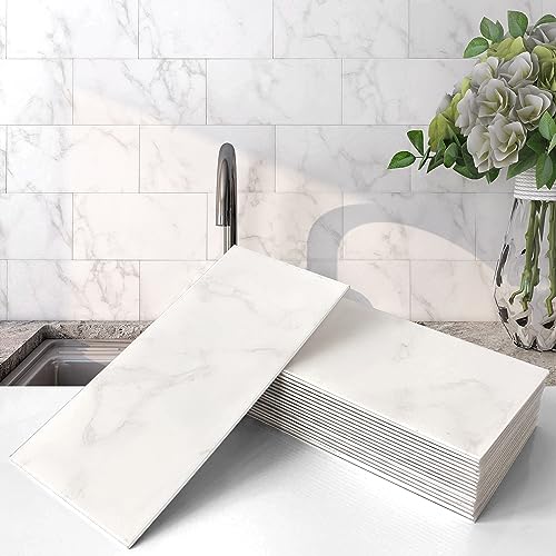 VAOVI Large Subway Self Adhesive Wall Tiles Bathroom,Stick on Kitchen Tile Stickers Marble Shower Wall Panels Waterproof 100x200mm(23Tiles,Carrara White) - 23Tiles - Carrara White
