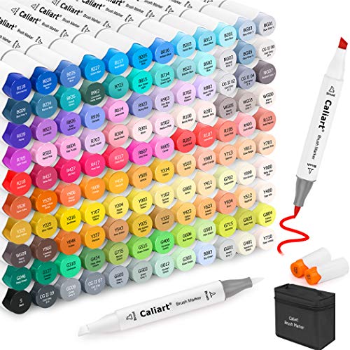 Caliart 121 Colors Alcohol Based Markers, Dual Tip (Brush & Chisel) Permanent Artist Art Sketch Markers for Adult Kid Halloween Coloring Book and Illustration, Plus 1 Colorless Alcohol Marker Blender - 121