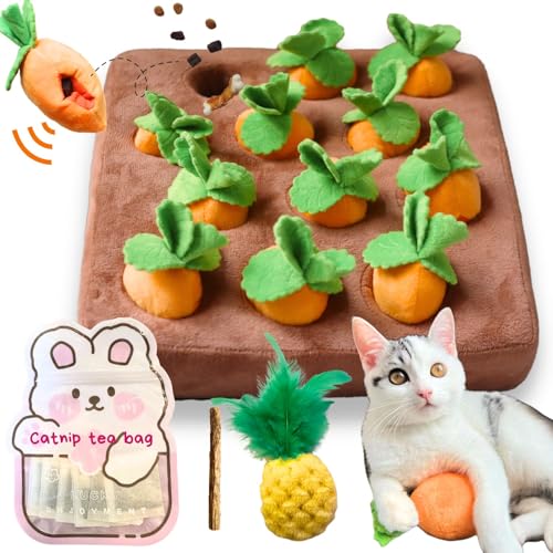 CECE PAW Carrot Catnip Cat Toys, Interactive Feather Cat Toys for Indoor Cats, Cat Puzzle Toys for Boredom and Mental Stimulation, 12 Squeaky Carrots with Treat Pockets and 12 Catnip Tea Bags - Cat - Carrot Puzzle + Catnip