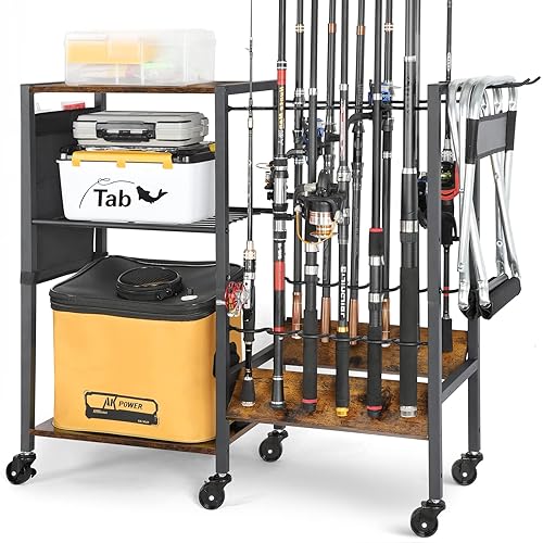 Olakee Fishing Rod Holders Fishing Gear Fishing Equipment Organizers Fishing Pole Holders Fishing Rod Tackle Cart for Garage Home Entryway Corner Gift Ideas for Men Dad - Carbonized Black,12 Rods