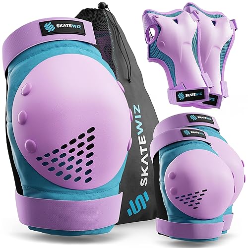 SKATEWIZ Skateboard Protective Gear Set for Kids - Smash - Roller Skate Pads [6pc] - Elbow Pads Roller Derby and Knee Pads Skating with Wrist Guards Kids - L/XL - Adults Black White