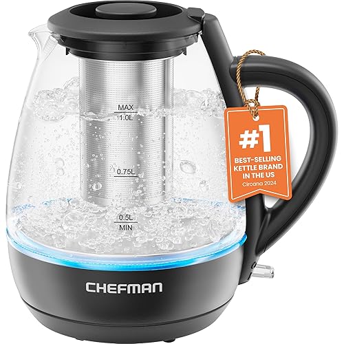 Chefman Electric Kettle with Tea Infuser, 1L 1500W, Removable Lid for Easy Cleaning, Boil-Dry Protection, Stainless Steel Filter, BPA Free, Auto Shut Off Hot Water Boiler, Small Electric Tea Kettle - 1 Liter - Black