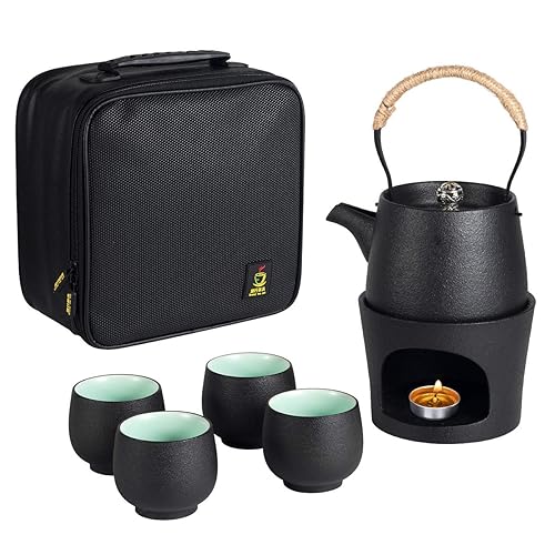 Travel Ceramic Teapot with Stovetop Warmer Tea Set 1 Pot 4 Mini Cups Chinese Kung Fu Tea Pot Porcelain Teacups Portable Protective Bag for Outdoor Picnic Camping - Black with 4 Cup