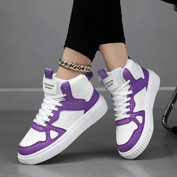 Women&#39;s Colorblock Casual Sneakers, Lace Up Soft Sole Flat High-top Walking Shoes, Round Toe Versatile Skate Shoes