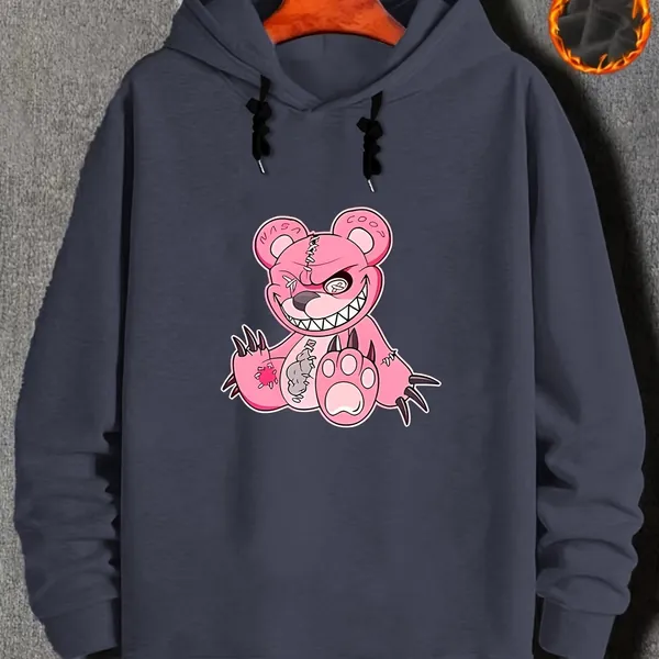 Plus Size Men&#39;s Grinning Bear Print Hooded Sweatshirt Fashion Casual Hoodies For Fall Winter, Men&#39;s Clothing