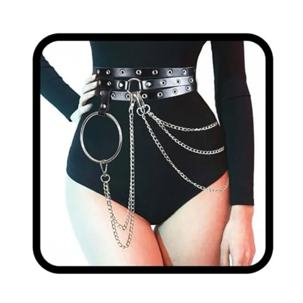 Nicute Punk Waist Belt Chain Leather Black Belly Chains Layered Goth Body Accessories for Women and Girls