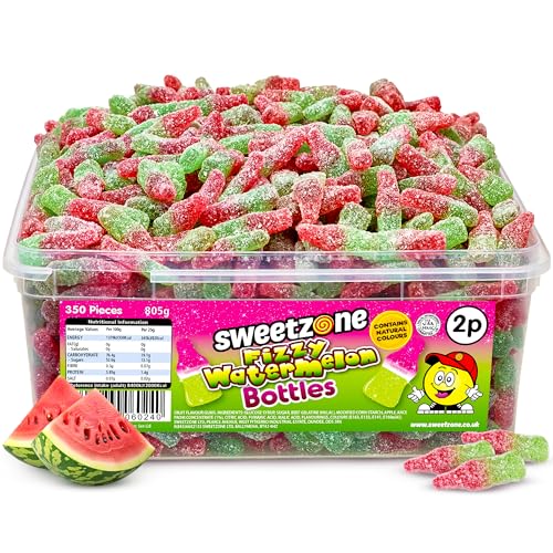 Sweetzone Fizzy Watermelon Bottles 805 g, 350 Pcs Sweets Tub, Halal Sweets, Sour Sweets, Gummy Candy, Jelly Sweets, Gummies Candy, Fizzy Sweets, Tubs of Sweets for Retro Sweets for Your Sweet Tooth - Fizzy Watermelon Bottle