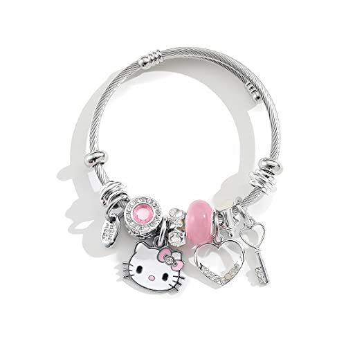 Kitty Girl Bracelet,Adjustable Cat Style Stainless Steel Bracelet, Cute Girl Friendship Bracelet, Fashionable Student Girl Bracelet, Exquisite Jewelry Gift (Pink)