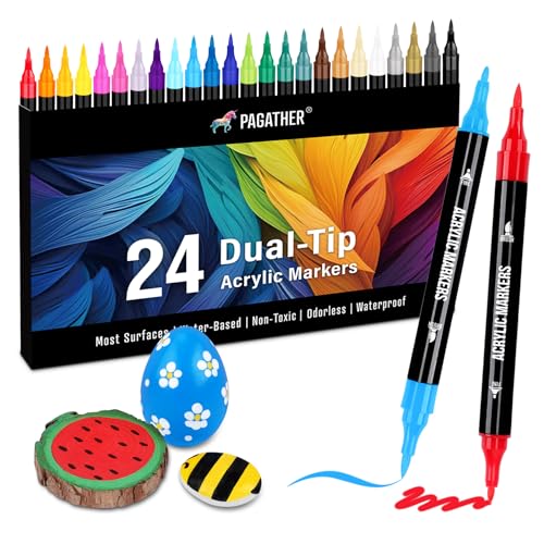 Pagather 24 Colors Acrylic Paint Markers, Dual Tip with Fine Tip and Brush Tip Pens for Stone, Wood, Calligraphy, Canvas, Ceramic, Metal, Glass, Rock Painting, DIY Crafts - 24 Colors