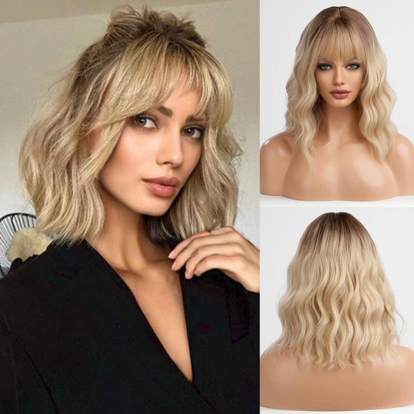 HAIRCUBE Ombre Donkere Wortel tot Blonde Krullend Haar Pruik Schouderlengte Krullend Pruik voor Vrouwen