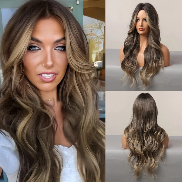 HAIRCUBE Lange Bruine Pruiken voor Vrouwen, Synthetisch Haar met Hoogtepunt, Golvende Pruik voor Cosplay, Feest 28"