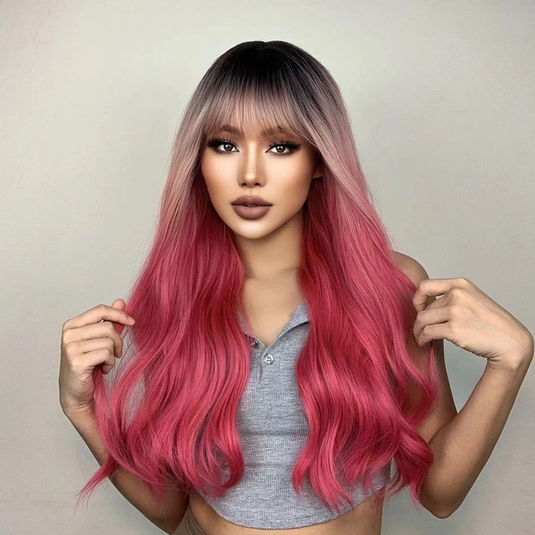 HAIRCUBE Synthetische Lange Golvende Pruiken Mix Zwart Wortel Ombre Roze Gradiënt naar Rode Pruiken Cosplay Party Pruiken met Lichte Pony voor Witte Vrouwen Dames Nep Menselijk Haar