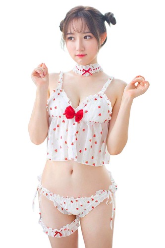 Lucky2Buy Girl's Strawberry Deep V-Neck Bowknot Pajamas Chemise Lingerie Set with Choker and Leg Garter - White