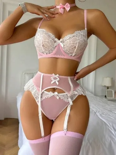 Contrast Lace Underwire Garter Lingerie Set With 1pair Stocking for Sale Australia| New Collection Online| SHEIN Australia