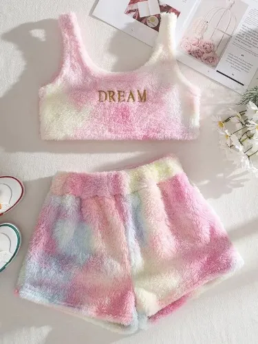 SHEIN EZwear Letter Embroidery Tie Dye Flannel Tank Top & Shorts for Sale Australia| New Collection Online| SHEIN Australia