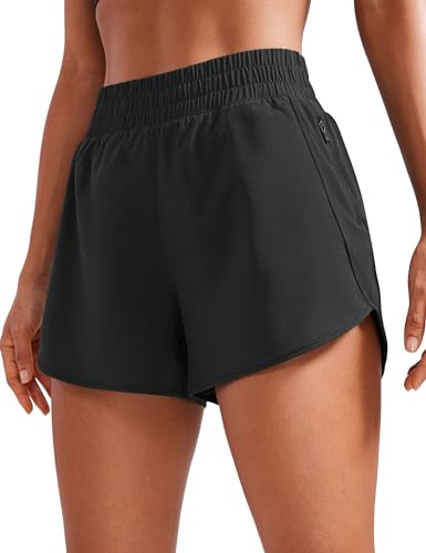CRZ YOGA Women's High Waisted Running Shorts Mesh Liner - 3'' Dolphin Quick Dry Athletic Gym Track Workout Shorts Zip Pocket - Small - Black