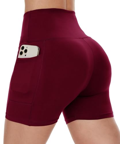 CAMPSNAIL Biker Shorts Women with Pockets - 3"/5"/8" High Waisted Workout Spandex Tummy Control Gym Running Yoga Shorts - 5 inch - Small-Medium - Burgundy