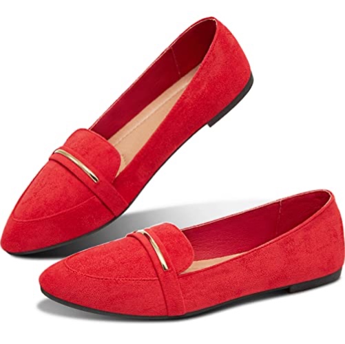Obtaom Women's Pointy Toe Loafer Flat Comfortable Faux Suede Work Shoes,Cute Penny Loafer Slip On Ballet Flat - 8 - Red