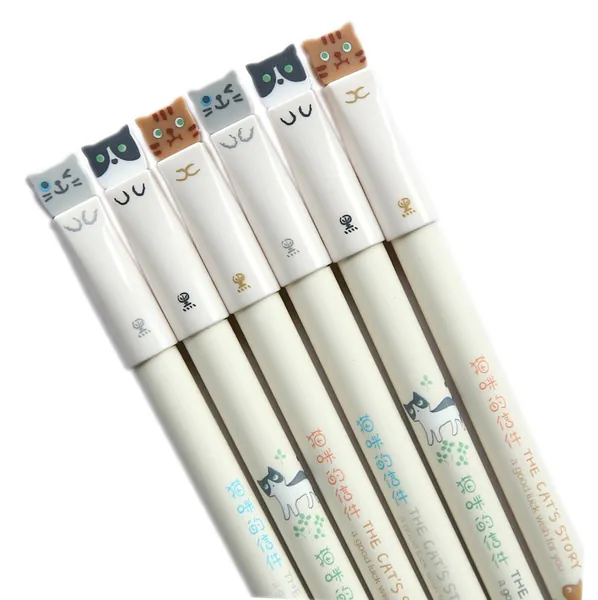 GANSSIA Colorful Cats Design 0.38mm Gel Pens Black Ink Pen Pack of 6 Pcs - 