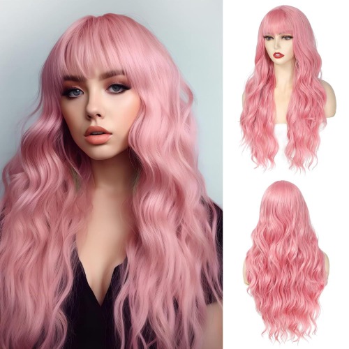 QAUARUMSUN 26 Inch Pink Wig With Bangs Long Wavy Wigs for Women Curly Wavy Wig With Bangs Natural Looking Synthetic Heat Resistant Fiber Wig for Daily Party Use