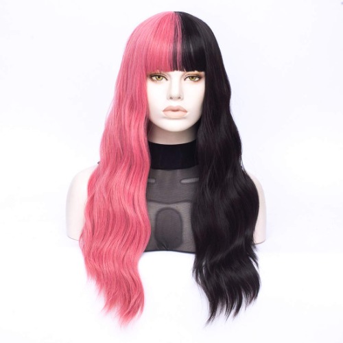Morticia Long Loose Wavy Half Pink and Half Black Full Bang 28 Inch Wig
