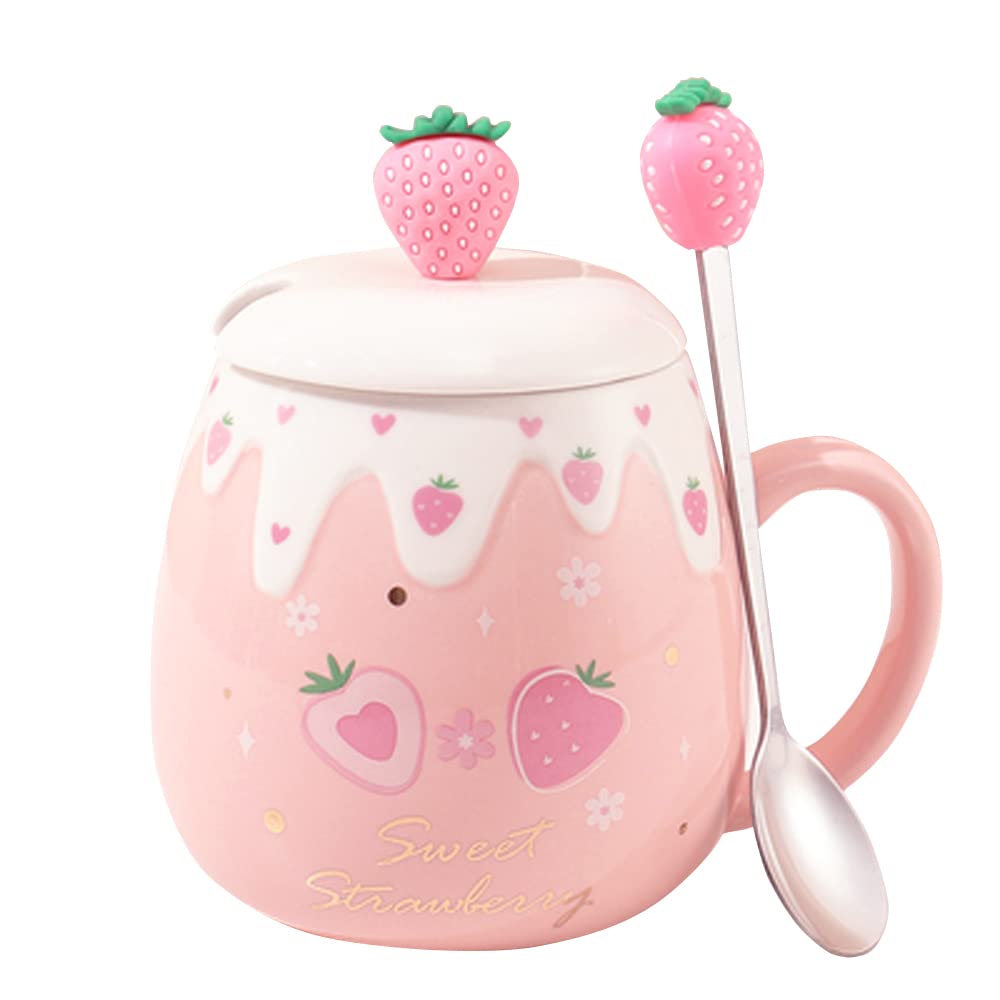 Leuke aardbei mokken roze koffiemok keramische Kawaii Cup ochtend thee melk fruit mok met mooi deksel roestvrij stalen lepel creatieve nieuwigheid verjaardag Valentijnsdag Kerstmis voor geliefden meisje 500 ml (S) - S