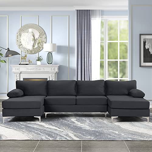 Casa AndreaMilano Modern Large Velvet Fabric U-Shape Sectional Sofa, Double Extra Wide Chaise Lounge Couch - Black