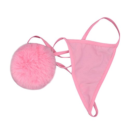 TOMORI Womens Sexy Thong Pantie Cute Rabbit Tail G-String Fur Ball Bikini T-Back Cosplay Underwear - One Size - Pink