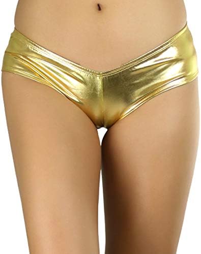ToBeInStyle Women's Liquid Shiny Metallic Mini Booty Cheeky Shorts - One Size Gold Micro-hipster