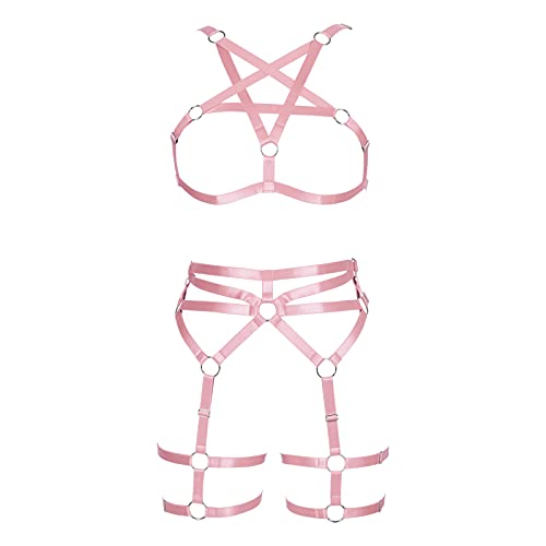 Women's Punk Body Harness Fashion Pentagram Bra Garter Elastic Adjustable Gothic Halloween Carnival Costume 12 Colors - One Size - Pink