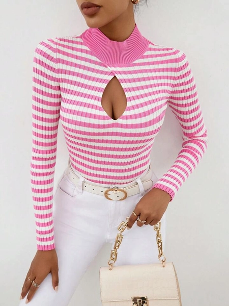 SHEIN Privé Striped Pattern Cut Out Front Mock Neck Sweater