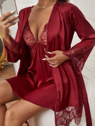 3pack Floral Lace Satin Slips With Belted Robe