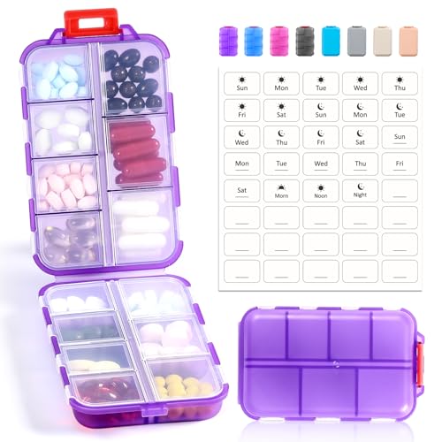 14 GRIDS Travel Pill Organizer Box with Labels - Travel Medicine Case Kit - Pocket Daily Pharmacy Container - Travel Medication Holder Dispenser for Fish Oil Vitamin Supplement Storage - Clear Purple - Purple -Transparent