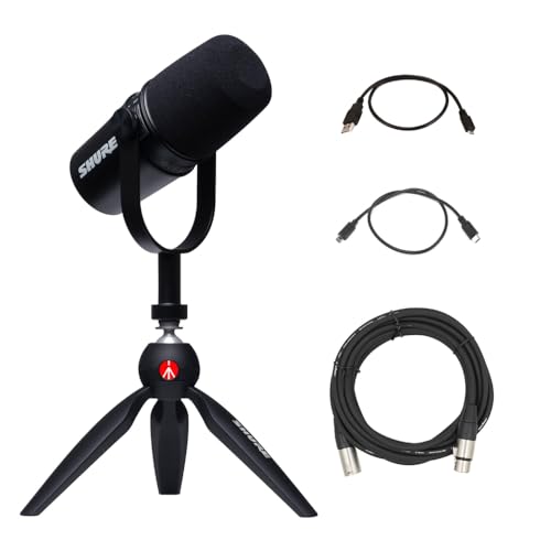 Shure MV7 Podcast Microphone Kit with Mini Tabletop Tripod Bundled with 20Ft XLR Microphone Cable (2 Items) - MV7 w/ Tripod & XLR Cable